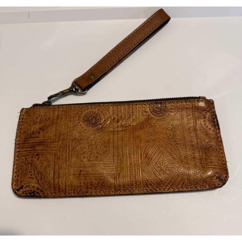 Patricia Nash Wristlet Wallet Womens Small Tan Embossed Leather Zip Pouch